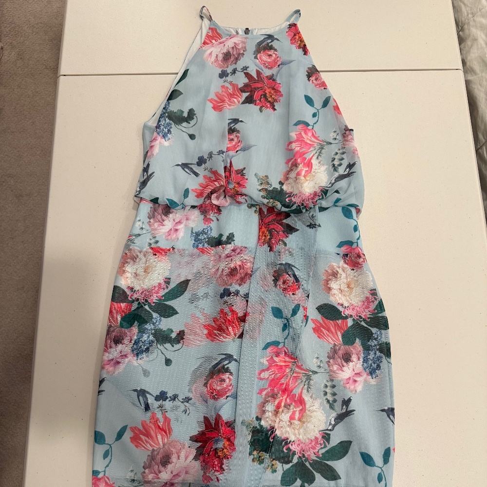 Blue Floral Sleeveless High Neck Dress